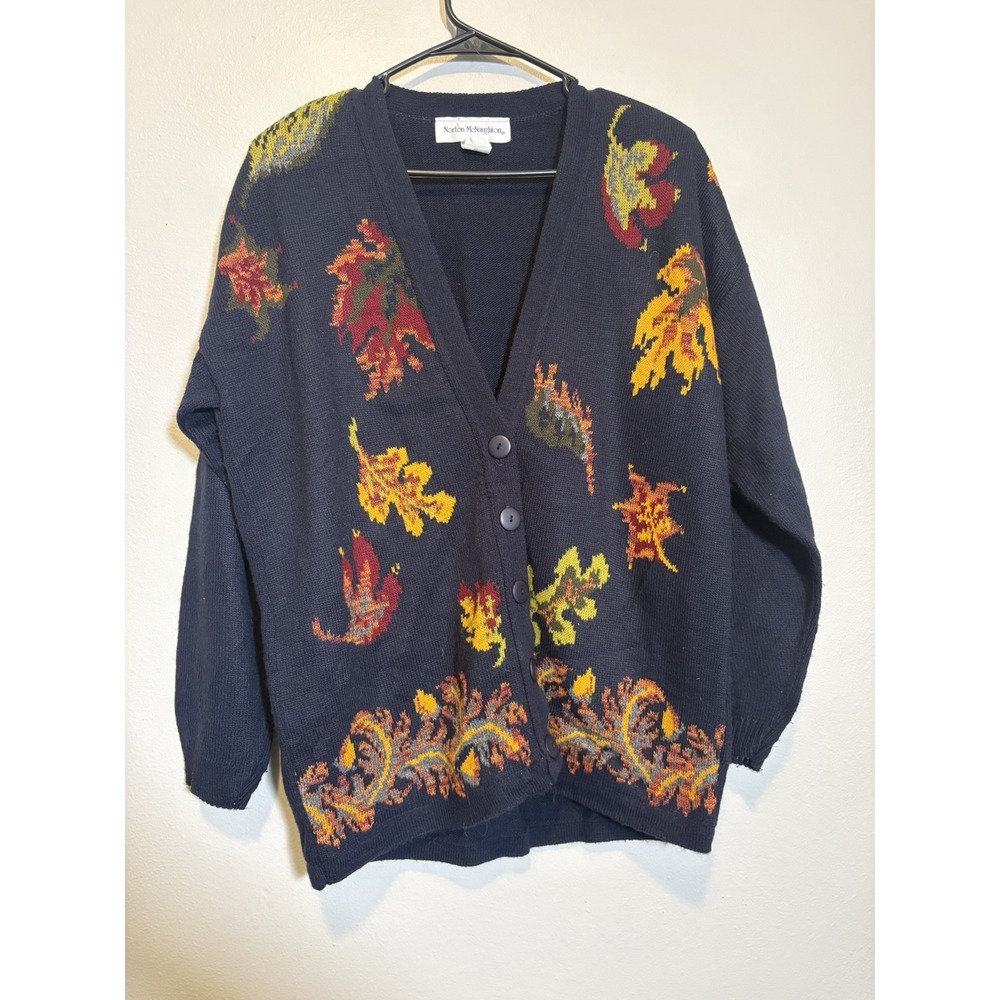 Norton McNaughton Cardigan Button Up M Fall Leaves Vtg Grandma 90s Cottagecore